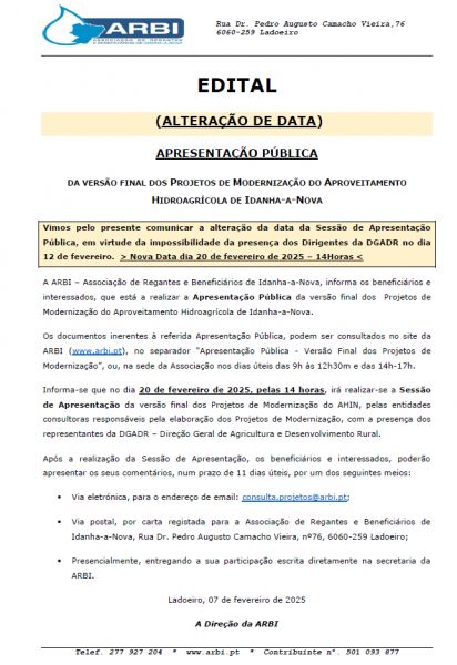 NOVA DATA - Apresentação Pública da Versão Final dos Projetos de Modernização do Aproveitamento Hidroagrícola de Idanha-a-Nova